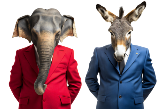 an elephant in a red suit and a donkey in a blue suit, png object isolated on transparent background, mockup, design, template, layout, sticker - Powered by Adobe