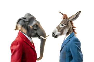 
an elephant in a red suit and a donkey in a blue suit, png object isolated on transparent background, mockup, design, template, layout, sticker