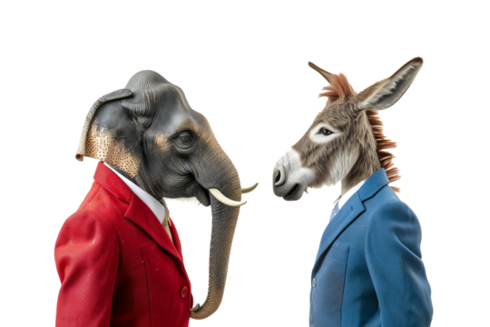 an elephant in a red suit and a donkey in a blue suit, png object isolated on transparent background, mockup, design, template, layout, sticker - Powered by Adobe