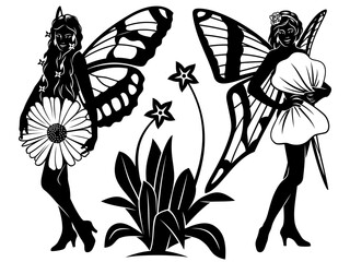 Silhouettes of Two Cute Fairies. Vector cliparts isolated on white.