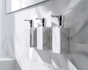 Manual dispenser for soap, shampoo, conditioner on the wall. Set of 3 dispensers in bathroom on marble white tile.