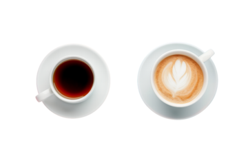 
a cup of coffee and a cup of tea top view. png object isolated on transparent background, mockup, design, template, layout, sticker