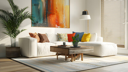 Cozy mix of Modern and Rustic Living Room Decor With Vibrant Artwork Centerpiece