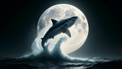 A great white shark jumps out of the water with a full moon in the background.
