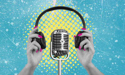 An artistic collage featuring modern headphones and a retro microphone on a blue background.