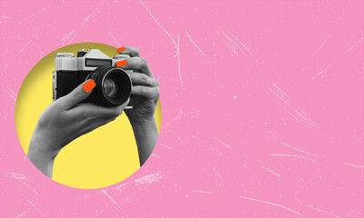 Paparazzi. Contemporary art collage. Colorful image of a retro camera in a human hand sticking out of an orange circle.