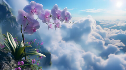 A beautiful orchid flower growing on a rock in the clouds. - obrazy, fototapety, plakaty