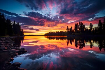 A serene lakeside view at sunset, with colorful skies reflecting on the water and silhouettes of trees.