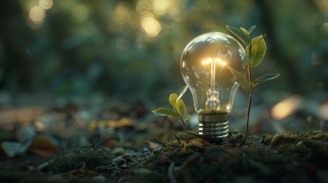 Lightbulb cradling tender sapling, embodiment of newborn idea. Still life photography, macro shot, inception of ideas, delicate greenery contrast, sharp glass edges, birth and growth symbiosis