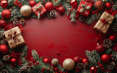 Fototapeta na wymiar Christmas wreath with presents and pine cones. Generative AI