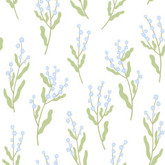 Sprigs with blue flowers. Cute vector seamless pattern with spring plants. Hand drawn floral texture on white background