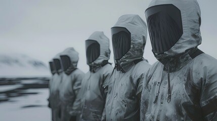 Fototapeta premium A group of scientists in protective gear stand on a glacier.