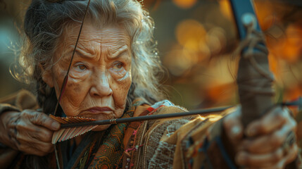 Fototapeta premium Elderly woman holding bow and arrow. Generative AI