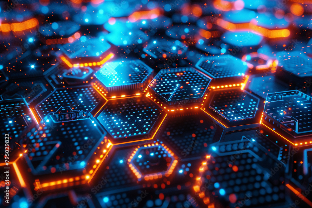 Poster dynamic and futuristic digital cyberspace, illuminated with vibrant hexagons and innovative technolo