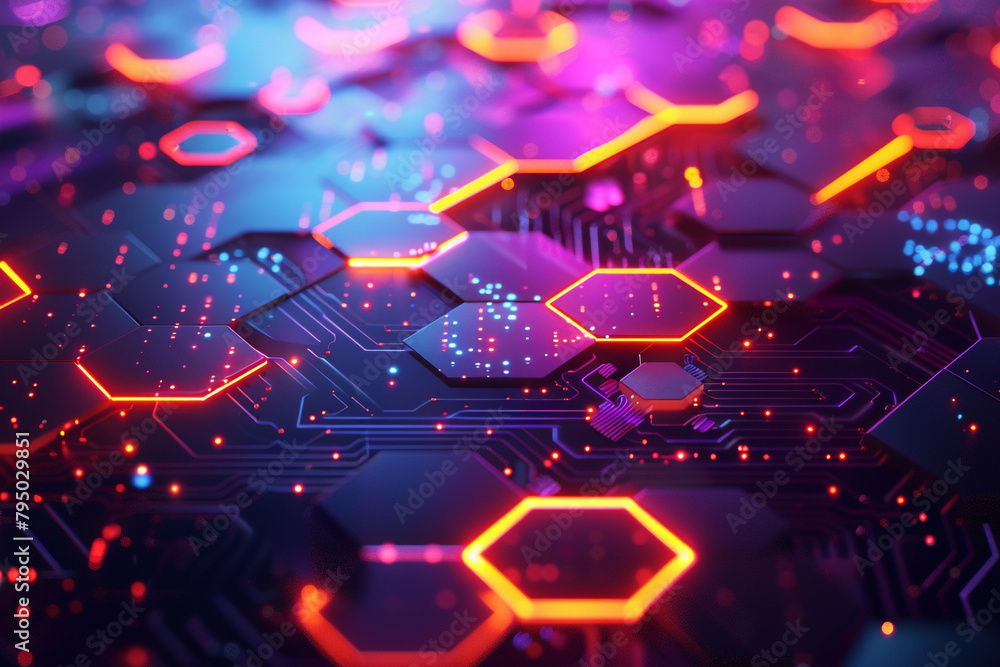 Poster dynamic and futuristic digital cyberspace, illuminated with vibrant hexagons and innovative technolo