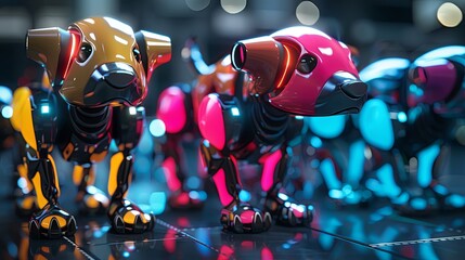 A pack of robot dogs with glowing eyes and colorful metallic fur