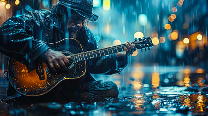 Street musician playing the guitar in a rainy city at night
