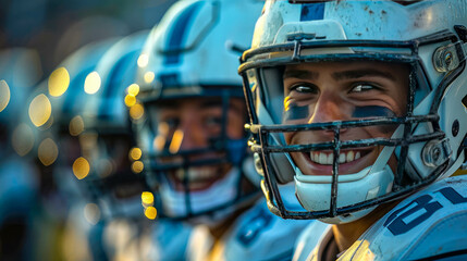 Portrait of a young american football player in helmet. Shallow depth of field