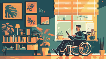 Soldier in wheelchair using mobile phone at home vector