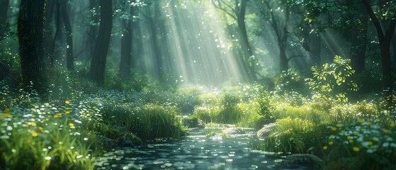 Tranquil Forest Glade: Sunlit Brook, Lush Greenery, and Melodic Birdsong. Concept Nature Photography, Forest Scenes, Tranquility, Outdoor Portraits, Birdwatching