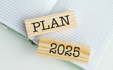 Plan 2025 text on a wooden block on an office desk notepad, Business Concept