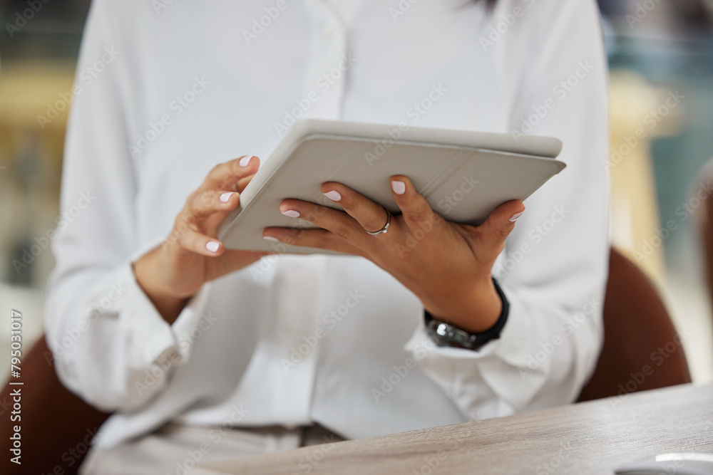 Poster Tablet, hand and desk in office for work with design for planning with notes for tech. Digital, technology and notebook with internet for connect with browsing for creative with person for job