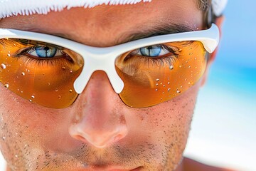 Intense focus  cyclist s eyes through sunglasses, capturing concentration at summer olympics