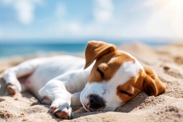 Pedigree puppy lounging on sandy beach during summer vacation with ocean backdrop