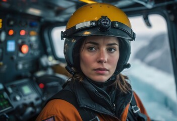 A female pilot wearing a helmet in an aircraft's cockpit. She is preparing for flight, with a focused and determined expression.