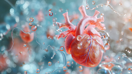 3D render of CoQ10 molecules orbiting a hyperrealistic human heart, showcasing energy flow and heart health - obrazy, fototapety, plakaty