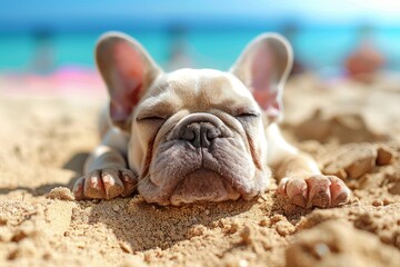 Pedigree puppy lounging on sandy beach with ocean backdrop, enjoying summer vacation