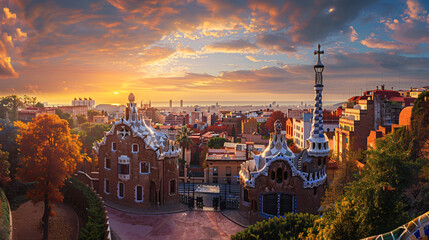 Park Guell in Barcelona Spain. Beautiful cityscape 