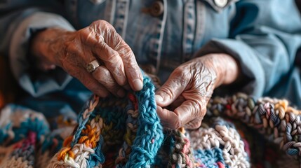 hands of elderly woman wearing denim shirt and doing crocheting