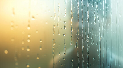 Raindrops on the window, the golden light of the sunset, The background of a calm mood, the silhouette of a man behind the glass