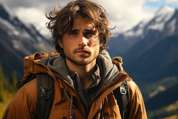 Obraz premium A man travels in the mountains with a backpack.