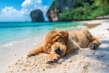 Pedigree puppy relaxing on sandy beach with ocean view during summer vacation, ideal for relaxation