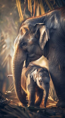 A newborn baby elephant tries to stand up, close-up, the mother supports him, the mood is serene and patronizing
