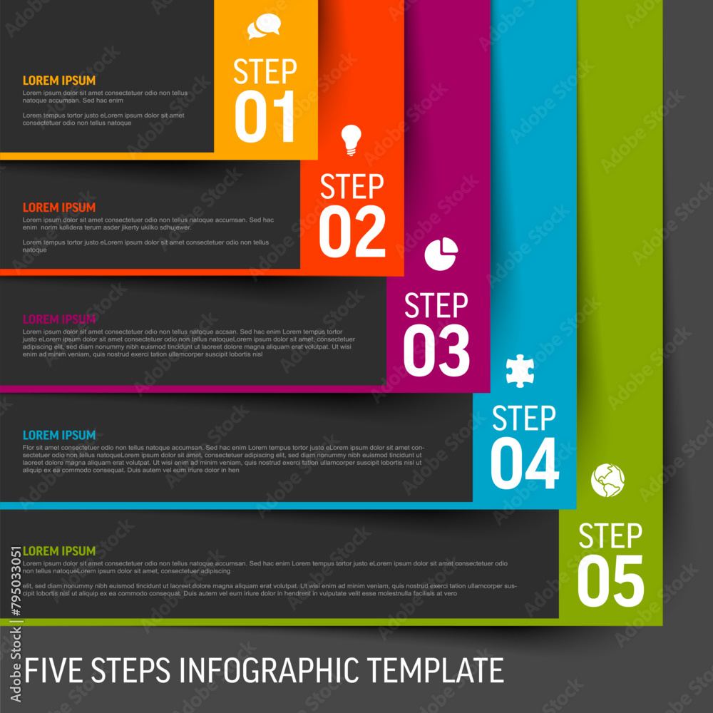 Poster five simple slips of paper as steps process infographic template on dark background