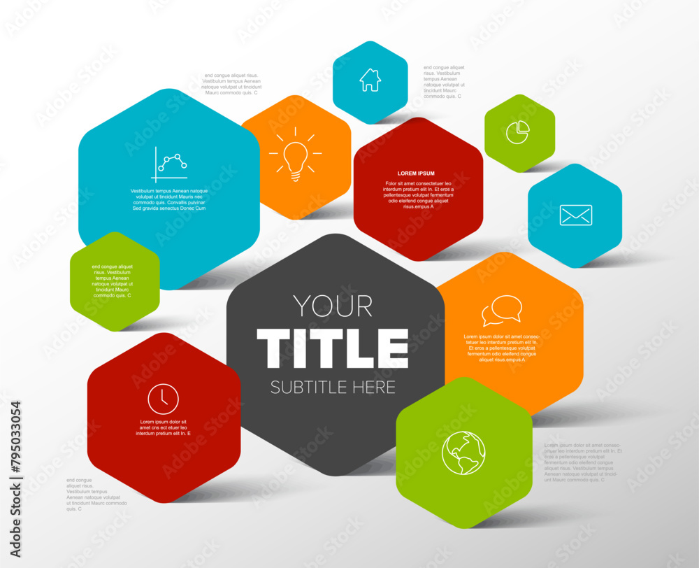 Poster simple infographic template with various information in standing hexagon boxes