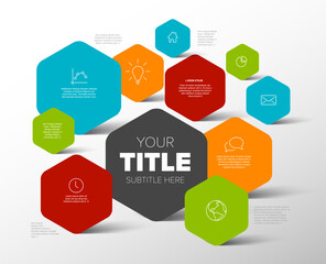 Simple infographic template with various information in standing hexagon boxes
