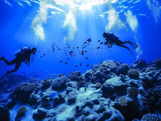 Fototapeta na wymiar divers in a bright underwater reef with fish and corals