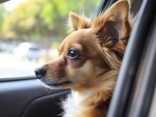 Dog travel by car. Cute dog, looking out of a car window
