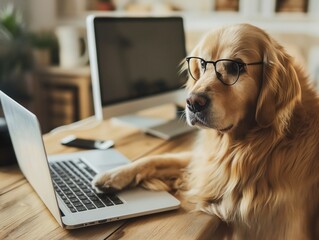 Cute dog looking at laptop in glasses, looking at a computer and working with glasses