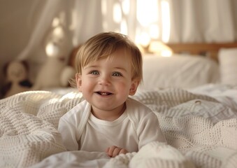 Fototapeta premium Cute Little boy in a white cloth lying in a bed in a bright bedroom.
