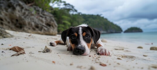 Pedigree puppy relaxing on sandy beach with ocean shore in summer, ideal vacation scene