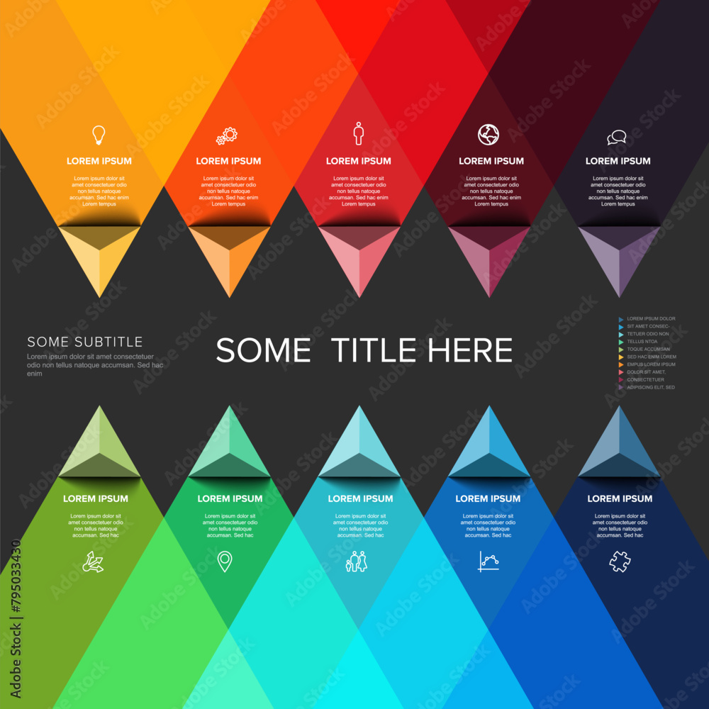 Poster vector dark multipurpose infographic template with ten triangle arrows elements in two rows