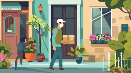Flat illustration of a delivery man wearing face mask