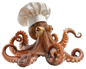 An octopus wearing a white chefs hat reading for cooking isolated on a transparent background