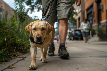 A close-up shot focused on a dog's paws while walking on a city sidewalk with its owner, creating a...