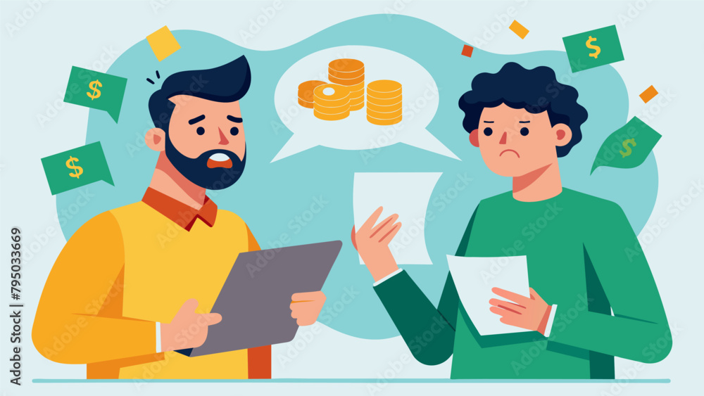 Poster a strained conversation between roommates as they divide up bills each person struggling to make end